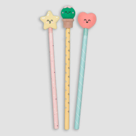 Kit de 3 lápis com borracha para escrever e desenhar sem parar